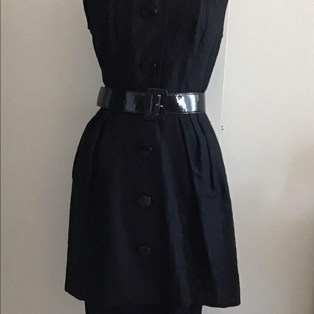 Vintage 50s Black Cotton Dress with Peplum Overskirt Black Shiny Buttons